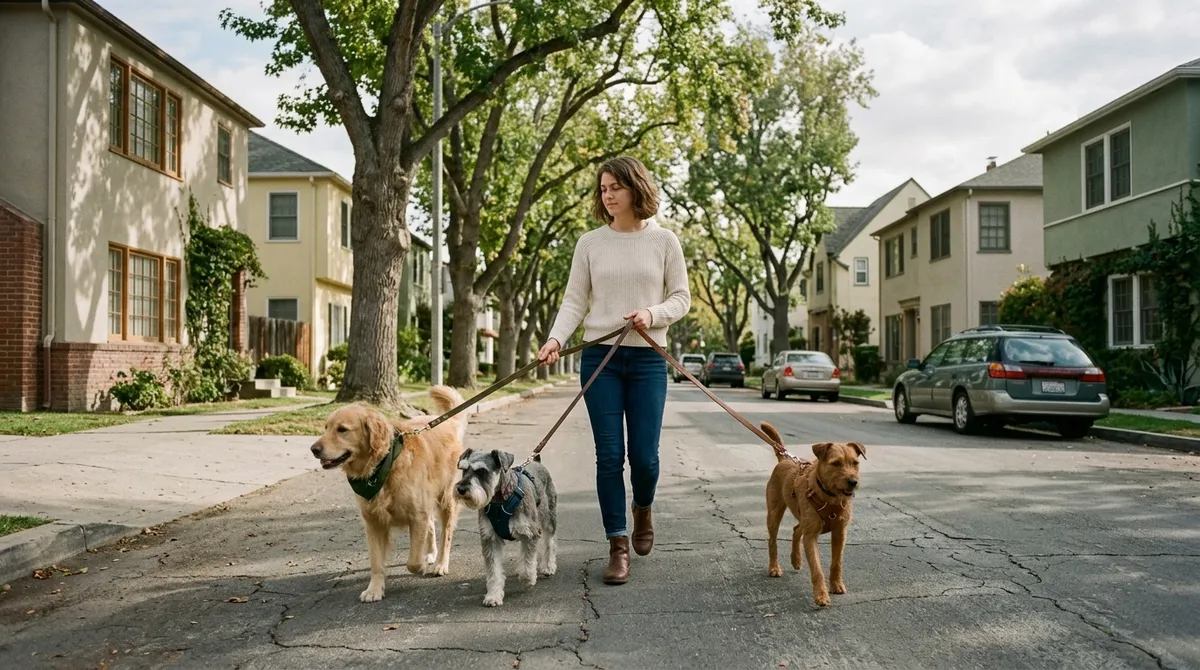 Pet-sitter promenant plusieurs chiens en laisse