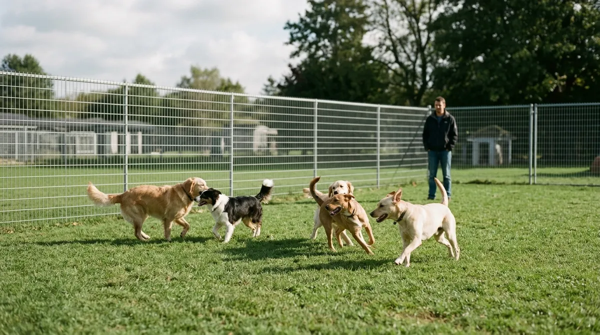 Chiens jouant dans un parc clôturé sous surveillance